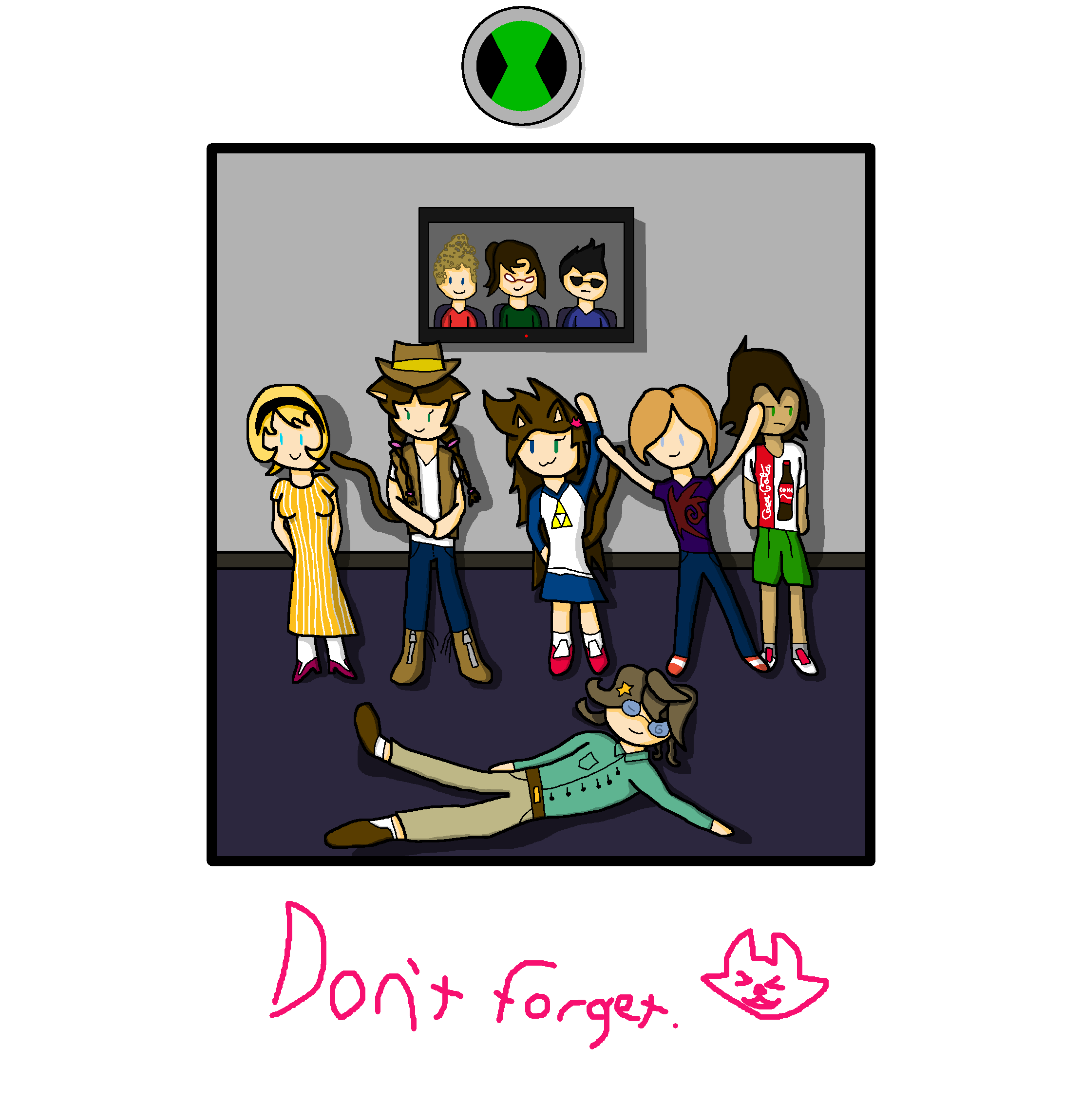 a group photo of the so-called "cool cids club," nine teenagers; from top to bottom, left to right, there is a monitor with three teens (a boy with curly hair, a girl with glasses, and a boy with shades) on the top of the photo; a girl in an old-fashioned dress, a cat girl with cowboy attire, a cat girl wearing a tee depicting the triforce from the legend of zelda, a girl wearing a tee depicting the symbol of the black arms from shadow the hedgehog, and a boy wearing a coca-cola tee in the middle of the photo; and a boy with glasses and more formal attire at the bottom of the photo. above the photo is a magnet depicting the symbol of the omnitrix/plumbers from ben 10, and below the image are the words "don't forget." beside a crude drawing of a cat's face.