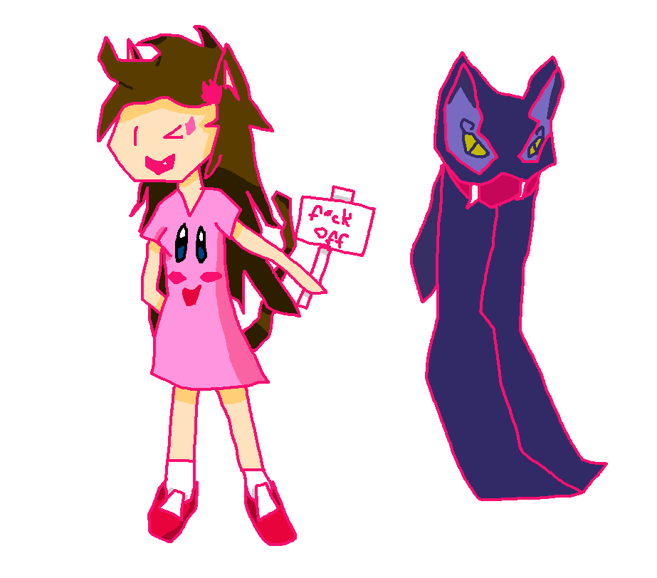 a cat girl with brown hair wearing a kirby dress whilst holding a sign which reads, "f*ck off"; beside her is a cat-like entity, her stand
