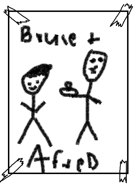 a crude crayon drawing of a young Bruce Wayne and his butler, Alfred Pennyworth